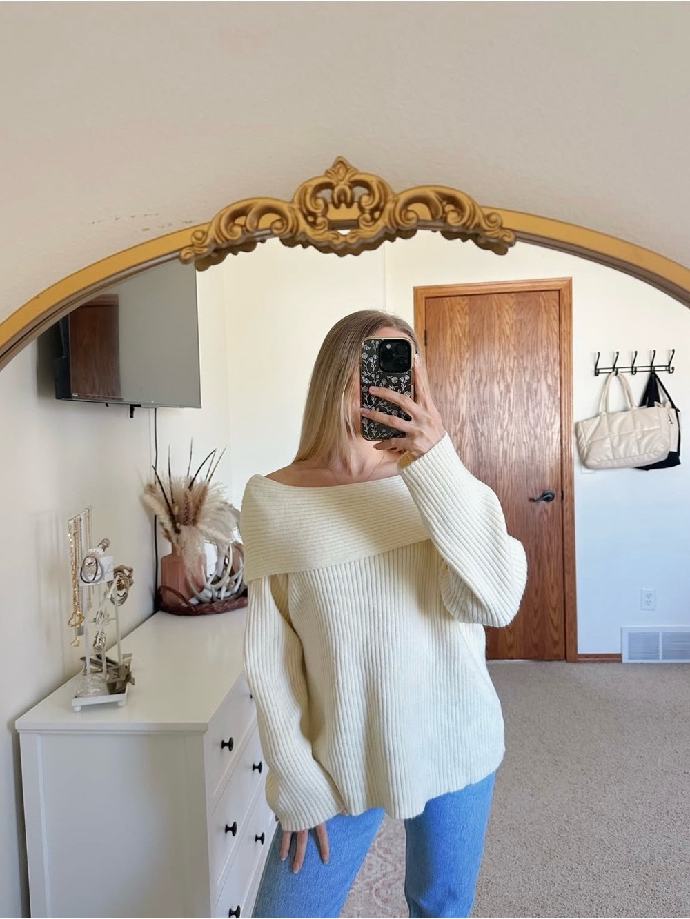 Off-Shoulder Cream Ribbed Knit Sweater